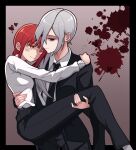  2girls black_eyes black_jacket black_necktie black_pants blood blood_splatter blush braid carrying chainsaw_man collared_shirt commentary english_commentary eyepatch grey_hair heart highres jacket looking_at_another makima_(chainsaw_man) multiple_girls n0_image necktie orange_eyes pants princess_carry quanxi_(chainsaw_man) red_hair ringed_eyes shirt sidelocks smile sweat white_shirt yuri 