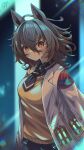  1girl absurdres agnes_tachyon_(tach-nology)_(umamusume) agnes_tachyon_(umamusume) ahoge animal_ears black_pantyhose breasts brown_hair coat commentary_request cork earrings hair_between_eyes highres horse_ears horse_girl jewelry lab_coat long_sleeves medium_breasts necktie pantyhose red_eyes shirt short_necktie single_earring sleeves_past_fingers sleeves_past_wrists smile solo sweater sweater_vest test_tube umamusume white_coat wolf_cut woruta_(soloistlist) yellow_sweater yellow_sweater_vest 
