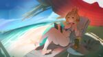  1girl animal_ears artistic_error ass beach bikini blonde_hair blue_bikini blue_eyes blue_nails blue_sky breasts chair cleavage cocktail_glass cup drinking_glass eyewear_on_head feet folded_twintails highleg highleg_bikini highres indie_virtual_youtuber legs looking_at_viewer lounge_chair outdoors pen phaego pink-tinted_eyewear rabbit_ears rabbit_girl rabbit_tail sand scrunchie sky small_breasts smile solo striped_bikini striped_clothes sunglasses swimsuit tablet_pc tail thighs tinted_eyewear virtual_youtuber water white-framed_eyewear white_bikini wrist_scrunchie wrong_foot yenko_(vtuber) 