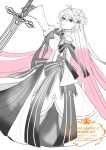  1girl archetype_earth archetype_earth_(third_ascension) arcueid_brunestud bare_shoulders breasts chiakicat1294 cleavage commentary detached_collar detached_sleeves dress expressionless fate/grand_order fate_(series) flower gloves gradient_hair hair_flower hair_ornament hair_ribbon highres holding holding_sword holding_weapon long_dress long_hair long_ribbon long_sword monochrome multicolored_hair pink_hair princess red_eyes ribbon simple_background solo sword two-tone_dress very_long_hair watermark weapon 