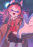  animal_ears belt blue_eyes brown_capelet brown_coat capelet coat commentary_request deerstalker fangs gakuen_idolmaster hanami_saki hat highres idolmaster long_hair looking_at_viewer midriff_peek miniskirt moon navel necktie official_alternate_costume reaching reaching_towards_viewer red_hair search_right_(idolmaster) skirt tail thighs two_side_up vest wolf_ears wolf_girl wolf_tail yuusuke_(yyy_xp) 