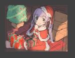  1girl ahoge aqua_eyes armchair bad_link blue_eyes box bpa_(bpa_echichi) chair christmas christmas_ornaments christmas_tree dress gift gift_box green_eyes hat holding holding_gift indie_virtual_youtuber mochi_hiyoko mochipro one_eye_closed open_mouth purple_hair santa_cape santa_costume santa_dress santa_hat sitting sketch smile solo tareme twintails unfinished virtual_youtuber 