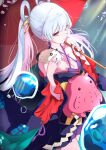  1girl blue_kimono breasts cho_kaguya-hime! cleavage colored_inner_hair commentary_request fushi_(cho_kaguya-hime!) hair_ornament hair_rings hair_stick highres holding holding_umbrella japanese_clothes kimono long_hair medium_breasts multicolored_hair nail_polish off_shoulder oil-paper_umbrella pink_eyes pink_hair purple_nails red_umbrella runami_yachiyo runami_yachiyo_(tsukuyomi) shide solo twintails uhi_(96172181) umbrella 