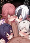  1boy 4girls aru_(blue_archive) black_hair blue_archive blush censored cooperative_fellatio erection fellatio halo haruka_(blue_archive) highres horns kayoko_(blue_archive) long_hair looking_at_viewer mosaic_censoring multicolored_hair multiple_girls mutsuki_(blue_archive) oral paid_reward_available penis pov problem_solver_68_(blue_archive) purple_eyes purple_hair purple_halo red_eyes red_hair red_halo saliva saliva_trail teamwork_(sexual) testicle_sucking testicles two-tone_hair tyrzul veins veiny_penis white_hair yellow_eyes 