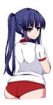  1girl ass blue_eyes blue_hair blush breasts buruma closed_mouth from_behind game_asset gym_shirt gym_uniform hair_between_eyes ikeda_(kasutera) large_breasts large_variant_set long_hair long_sidelocks looking_back lowres non-web_source official_art pixel_art puffy_short_sleeves puffy_sleeves raised_inner_eyebrows red_buruma self-datamine shirt short_sleeves side_ponytail sidelocks simple_background smile solo standing summer_memories tachi-e transparent_background variant_set yui_(summer_memories) 