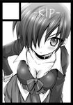  bent_over black_border blush border breasts choker circle_cut cleavage downblouse genderswap genderswap_(mtf) greyscale hair_over_one_eye hand_on_hip kouno_yuki_(kip) large_breasts monochrome pleated_skirt skirt slit_pupils solo the_king_of_fighters yagami_iori 