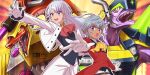  2girls artist_name ascot coattails colored_skin commentary_request constructor_wyrm_buildragon destructor_wyrm_bakhamut duel_monster fangs gloves grey_hair haru_7road highres jacket long_hair multiple_girls mutsuba_asaka mutsuba_asana open_mouth orange_ascot pants purple_eyes purple_skin red_skin smile tailcoat tan watermark white_gloves white_jacket white_pants yellow_eyes yu-gi-oh! yu-gi-oh!_go_rush!! yu-gi-oh!_sevens 
