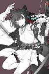  1girl animal_ear_fluff animal_ears arknights arrow_(projectile) bare_shoulders belt bow_(weapon) breasts brown_background chinese_commentary commentary_request dress fingerless_gloves fingernails fringe_trim gloves hair_between_eyes highres holding holding_arrow holding_bow_(weapon) holding_weapon infection_monitor_(arknights) lunacub_(arknights) medium_breasts medium_hair mole mole_on_shoulder parted_lips partial_commentary partially_colored piaoliu_ping_ping_ping_pingzi simple_background sleeveless sleeveless_dress solo tail thigh_strap weapon wolf_ears wolf_girl wolf_tail yellow_eyes 