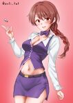  1girl alternate_costume anti_(untea9) belt black_belt blush bow bowtie braid braided_ponytail breasts cleavage commentary_request cosplay cowboy_shot hair_between_eyes highres kantai_collection long_hair long_sleeves looking_at_viewer medium_breasts midriff navel nevada_(kancolle) pencil_skirt pink_background poker_chip purple_bow purple_bowtie purple_skirt red_eyes red_hair rio_rollins rio_rollins_(cosplay) shirt simple_background single_braid skirt smile solo super_blackjack twitter_username white_shirt 