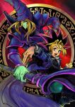  2boys betofu black_eyes blonde_hair closed_mouth colored_skin dark_magician duel_monster green_skin hat highres holding holding_staff long_hair looking_at_viewer male_focus multiple_boys muto_yugi open_mouth purple_eyes red_background spiked_hair staff wizard_hat yu-gi-oh! yu-gi-oh!_duel_monsters 