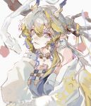  1girl absurdres arknights bare_shoulders branch closed_mouth dragon dragon_girl dragon_horns earrings hair_between_eyes hand_on_own_cheek hand_on_own_face hand_up head_rest highres horns jewelry long_hair long_sleeves looking_at_viewer mimi_(xhs_11685693050) multicolored_hair off_shoulder pointy_ears shu_(arknights) smile solo upper_body white_background 
