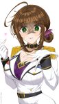 1girl ahoge belt black_belt black_choker blush bra breast_pocket breasts brown_hair chamumi_(mochiumee) choker cleavage commentary_request epaulettes female_admiral_(kancolle) finger_heart fingerless_gloves folded_ponytail gloves green_eyes hair_between_eyes heart highres jacket kantai_collection large_breasts looking_at_viewer military_uniform mole mole_on_breast mole_under_mouth open_hand pink_lips pocket purple_bra sidelocks skirt underwear white_gloves white_jacket white_skirt 