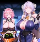  2girls absurdres ascot bangboo_(zenless_zone_zero) black_dress blue_dress breast_rest breasts chest_belt cleavage commentary_request dress earrings english_commentary eous_(zenless_zone_zero) grey_hair highres horori_(halloweenday309) huge_breasts jewelry large_breasts medium_hair mixed-language_commentary multiple_girls parted_lips pink_hair pointy_ears purple_eyes remielle_dan velina_airgid yellow_ascot zenless_zone_zero 