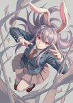  1girl absurdres ai-generated animal_ears blue_jacket branch breasts brown_shoes buttons closed_mouth collared_shirt commentary_request fingernails floating_hair flying full_body grey_background hair_between_eyes hands_up highres jacket lapels long_hair long_sleeves looking_at_viewer medium_breasts miniskirt necktie pink_skirt pleated_skirt purple_hair rabbit_ears rabbit_girl red_eyes red_necktie reisen_udongein_inaba shirt shoes sidelocks simple_background skirt smile socks solo touhou v-shaped_eyebrows wei_(momoko07dayand1) white_shirt white_socks 