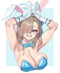  1girl absurdres animal_ears aqua_eyes armpits arms_up asuna_(blue_archive) asuna_(bunny)_(blue_archive) asymmetrical_bangs blonde_hair blue_archive blue_background blue_bow blue_bowtie blue_halo border bow bowtie breasts cleavage commentary cropped_torso detached_collar english_commentary fake_animal_ears gloss_(hotglossed) grin hair_over_one_eye halo highres large_breasts leotard lips long_bangs long_hair looking_at_viewer mixed-language_commentary mole mole_on_breast official_alternate_costume one_eye_covered outline playboy_bunny presenting_own_armpit rabbit_ears rabbit_pose sideboob simple_background smile solo strapless strapless_leotard teeth undersized_breast_cup white_border white_outline 