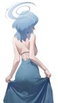  1girl absurdres ako_(blue_archive) ako_(dress)_(blue_archive) ass backless_dress backless_outfit bare_arms bare_back bare_shoulders blue_archive blue_dress blue_hair blue_halo breasts commentary dress from_behind halo highres lao_wo large_breasts medium_hair official_alternate_costume sideboob sleeveless sleeveless_dress solo 