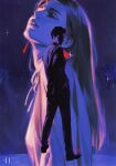  1boy 1girl business_suit closed_eyes commentary earrings english_commentary expressionless full_body gigi_andalusia gundam gundam:_hathaway's_flash hathaway_noa highres jewelry looking_at_viewer looking_up official_art pablo_uchida parted_lips signature suit watermark 