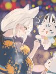  +++ 1girl ? animal_ears ascot blush bow closed_mouth commentary_request creature fireworks fox_ears fox_girl hair_bow highres holding holding_fireworks hololive japanese_clothes kimono kohitsujida light_particles looking_at_object ponytail shirakami_fubuki sketch solo sparkler squatting sukonbu_(shirakami_fubuki) virtual_youtuber wavy_mouth white_hair yukata 