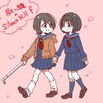  2girls :d adapted_costume aglio amakura_mayu amakura_mio arm_at_side bandaged_leg bandages black_hair blue_sailor_collar blue_serafuku blue_skirt blue_socks bob_cut brown_jacket brown_shoes closed_mouth commentary_request copyright_name cosplay fatal_frame fatal_frame_ii:_crimson_butterfly full_body holding holding_hands holding_lead_pipe hood hood_down hooded_jacket jacket kneehighs lead_pipe loafers long_sleeves looking_at_another looking_to_the_side loose_socks miniskirt multiple_girls neckerchief official_alternate_costume open_clothes open_jacket open_mouth pink_background pleated_skirt red_neckerchief sailor_collar school_uniform serafuku shimizu_hinako shimizu_hinako_(cosplay) shoes short_hair siblings silent_hill_(series) silent_hill_f simple_background sisters skirt smile socks standing twins walking white_socks 