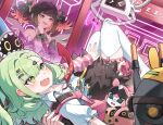  2girls absurdres aria_(robot)_(zenless_zone_zero) aria_(zenless_zone_zero) arm_warmers backpack bag bangboo_(zenless_zone_zero) bare_shoulders black_hair bow collared_shirt commentary_request green_bow green_eyes green_hair hair_bow hair_ornament hairclip highres kookie multiple_girls nangong_yu open_mouth pink_bag pink_hair red_eyes shirt short_sleeves smile striped_arm_warmers sunna_(zenless_zone_zero) tearing_up thighhighs twintails white_shirt white_thighhighs zenless_zone_zero 