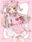  1girl apron armband bandaged_wrist bandages blush border brown_hair center_frills collared_dress commentary cowboy_shot dress fang frills grid_background hair_ornament hanasaki_ayame_(artist) hand_up hat heart heart_print long_hair looking_at_viewer nail_polish natori_sana natori_sana_(nurse) nurse_cap one_eye_closed open_mouth ornate_border outline pink_apron pink_armband pink_background pink_hat pink_outline puffy_short_sleeves puffy_sleeves rabbit_hair_ornament raised_eyebrow red_eyes red_nails sana_channel short_sleeves skin_fang smile solo standing thighhighs two-tone_background two_side_up virtual_youtuber white_background white_dress white_outline white_thighhighs 