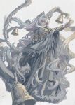  1girl absurdres ai-generated animal_ear_fluff animal_ears aqua_hair arknights arm_up bell blue_eyes braid capelet circlet commentary_request dress empty_eyes eyelashes fingernails floating_hair full_body fur-trimmed_dress fur_trim grey_capelet grey_dress hair_between_eyes hair_ornament hair_tubes highres long_dress long_hair long_sleeves looking_at_viewer low-braided_long_hair low-tied_long_hair multicolored_hair multiple_braids pink_hair pramanix_(arknights) pramanix_the_prerita_(arknights) purple_hair simple_background snow_leopard_ears snow_leopard_girl snow_leopard_tail solo standing tail tassel teeth very_long_hair wavy_hair wei_(momoko07dayand1) white_background white_hair 