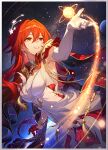  1girl asymmetrical_gloves bracelet breasts cape dress dress_flower earrings elbow_gloves flower gloves hair_between_eyes half_gloves hand_up highres himeko_(honkai:_star_rail) himeko_(nova)_(honkai:_star_rail) honkai:_star_rail honkai_(series) jewelry long_hair mismatched_gloves official_art parted_lips red_cape red_gloves red_hair sleeveless sleeveless_dress smile solo star_(sky) starry_sky_background uneven_gloves very_long_hair white_dress white_flower white_gloves yellow_eyes 