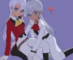  ? ascot belt coattails commentary cosplay costume_switch gloves grey_hair highres jacket long_hair mutsuba_asaka mutsuba_asana pants parted_lips red_ascot simple_background tailcoat tan untranslatable_commentary white_gloves white_jacket white_pants yellow_ascot yu-gi-oh! yu-gi-oh!_go_rush!! yu-gi-oh!_sevens yuzutaroman 