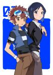  2boys absurdres black_hair black_shirt black_sweater blue_eyes blush brown_hair collared_shirt commentary_request digimon digimon_adventure_02 goggles goggles_on_head highres ichijouji_ken korean_commentary male_focus motomiya_daisuke multiple_boys open_mouth pants shirt shorts simple_background sleeveless spiked_hair sweatdrop sweater ueuemmon white_shirt yaoi 
