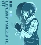 1girl blue_background blue_theme closed_mouth collared_shirt color_guide commentary_request danganronpa:_trigger_happy_havoc danganronpa_(series) drop_shadow english_text eye_trail fingerless_gloves freckles gloves ikusaba_mukuro light_trail load-bearing_vest long_sleeves monochrome putting_on_gloves shinshishinc shirt simple_background solo vest 