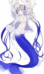  1boy blonde_hair blue_hair blue_scales captain_nemo_(fate) commentary_request fate/grand_order fate_(series) fins full_body gills gradient_hair greek_commentary green_eyes head_fins highres long_hair long_sleeves looking_at_viewer male_focus merfolk merman monster_boy monsterification multicolored_hair navel nemo_(fate) net open_clothes open_mouth open_shirt pectorals restrained shirt simple_background skinny solo tango_dream twintails white_background white_shirt 