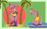 anthro belly big_butt blush brachiosaurid brachiosaurus brandi_(jurassiczalar) butt clothing dinosaur dinosaur_bones female hi_res long_neck looking_at_viewer looking_back macronarian marcodile one-piece_swimsuit prehistoric_species reptile saurischian sauropod sauropodomorph scalie slightly_chubby slightly_chubby_female swimwear