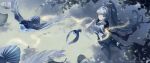  1girl absurdres arm_up bird blue_bird breasts chinese_commentary commentary_request from_above game_asset grey_eyes grey_hair hair_ornament high_ponytail highres liangyu_(wuthering_waves) long_hair looking_at_animal looking_up medium_breasts official_art ponytail solo standing wuthering_waves 