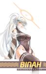  1girl absurdres binah_(blue_archive) black_thighhighs blue_archive blush breasts character_name cleft_of_venus commentary covered_navel cowboy_shot detached_sleeves english_commentary english_text eye_hair_ornament fang halo highleg highleg_leotard highres large_breasts leotard long_hair looking_at_viewer multicolored_hair open_mouth orange_halo orange_streaks personification ponytail pussy see-through_clothes see-through_sleeves simple_background skin_fang smile solo streaked_hair thighhighs topgu white_background white_hair yellow_eyes yellow_nails 