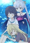  3girls amakaze_sora animal black_hair black_kimono black_shirt blonde_hair blue_eyes blue_skirt blush brown_eyes cho_kaguya-hime! closed_eyes closed_mouth commentary_request crescent day fish green_eyes grey_hair hair_rings hand_on_another's_head highres japanese_clothes kaguya_(cho_kaguya-hime!) kimono long_hair multicolored_hair multiple_girls off_shoulder open_mouth pink_hair pleated_skirt runami_yachiyo sailor_collar sakayori_iroha shirt short_sleeves skirt smile sunlight thick_eyebrows two-tone_hair underwater very_long_hair water white_sailor_collar white_shirt 