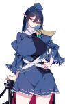  1girl armor arms_under_breasts blue_dress blue_hair blue_hat breasts closed_mouth commentary_request cowboy_shot dress frilled_dress frills hand_on_own_hip hat highres iizunamaru_megumu large_breasts long_hair long_sleeves looking_at_viewer pauldrons pointy_ears raptor7 red_eyes shoulder_armor shoulder_guard simple_background single_pauldron solo tokin_hat touhou tripod white_background wide_sleeves 