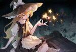  1girl absurdres apron black_hat black_skirt black_vest blonde_hair bow braid closed_mouth commentary_request frilled_skirt frills hair_bow hat hat_bow highres kirisame_marisa long_hair magic on_roof puffy_short_sleeves puffy_sleeves sei_(sei_ha1) short_sleeves side_braid single_braid skirt smile solo star_(symbol) tile_roof touhou twitter_username very_long_hair vest waist_apron white_apron white_bow witch_hat yellow_eyes 