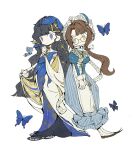  2girls asymmetrical_bangs bingningshui_zhizaoji black_hair blue_butterfly blue_eyes blue_veil bracelet brown_hair bug butterfly deformed dress evening_gown feather_hair_ornament feathers flat_color full_body glasses hair_ornament highres isolde_(reverse:1999) isolde_(the_last_fluttering_beat)_(reverse:1999) jewelry kakania_(reverse:1999) key long_hair looking_at_viewer multiple_girls official_alternate_costume reverse:1999 round_eyewear scissors simple_background veil very_long_hair white_background 
