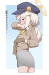  1girl aoba_(blue_archive) blonde_hair blue_archive blush border bow bowtie breath brown_gloves brown_shirt collared_shirt commentary_request cowboy_shot cropped_legs from_side gloves grey_skirt hair_ornament hairclip halo hat highres long_hair long_sleeves looking_ahead newsboy_cap no_jacket open_mouth outside_border peaked_cap pencil_skirt ponytail profile red_eyes romu851170 shirt sidelocks simple_background single_glove single_unworn_glove skirt solo sweat sweaty_clothes unworn_gloves very_sweaty white_border wiping_face wiping_sweat yellow_bow yellow_bowtie 