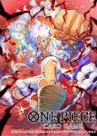  1boy bashikou clenched_hands commentary_request copyright_logo copyright_name copyright_notice devil_fruit_power fighting_stance full_body gear_fifth haki_(one_piece) logo looking_at_viewer male_focus monkey_d._luffy official_art one_piece one_piece_card_game open_clothes open_mouth open_shirt purple_sash red_eyes sandals sash scar scar_on_cheek scar_on_chest scar_on_face shirt shorts solo sparkle transformation white_hair white_shirt white_shorts 