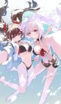  2girls absurdres alternate_costume bikini black_bikini black_shorts breasts brown_hair clenched_teeth commentary_request highres honkai:_star_rail honkai_(series) long_hair looking_at_viewer mark_under_both_eyes medium_breasts merah_drow multiple_girls navel open_fly reaching reaching_towards_viewer red_bikini red_eyes shirt short_shorts shorts sparkle_(honkai:_star_rail) sparxie_(honkai:_star_rail) swimsuit teeth underwater white_hair white_shirt 