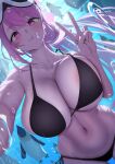 1girl absurdres bare_shoulders bikini bird black_bikini blue_archive blush breasts cleavage closed_mouth collarbone commentary_request eimi_(blue_archive) eimi_(swimsuit)_(blue_archive) fingernails goggles goggles_on_head halo highres holding_breath huge_breasts ie_(pixiv_101298631) long_hair looking_at_viewer nail_polish navel penguin pink_eyes pink_hair pink_halo pink_nails side-tie_bikini_bottom stomach swimsuit thighs underwater v 