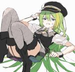  1girl alina_gray anger_vein aqua_eyes black_boots black_hat black_thighhighs black_vest boots boyano breasts collar fishnet_thighhighs fishnets fold-over_boots fur-trimmed_thighhighs fur_trim gem green_gem green_hair hat impossible_clothes lapels long_hair lying magia_record:_mahou_shoujo_madoka_magica_gaiden magical_girl mahou_shoujo_madoka_magica medium_breasts miniskirt multicolored_skirt notched_lapels on_back peaked_cap pleated_skirt puffy_short_sleeves puffy_sleeves short_sleeves simple_background skirt solo straight_hair striped_clothes striped_skirt thighhighs v-neck vertical-striped_clothes vertical-striped_skirt very_long_hair vest white_background white_collar white_sleeves 