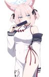  1girl alternate_costume animal_ear_fluff animal_ears bad_id bad_twitter_id black_ribbon blue_archive blue_eyes blue_halo blush breasts china_dress chinese_clothes covered_navel cowboy_shot dress folding_fan fox_ears groin hair_ribbon halo hand_fan hand_up highres holding holding_fan long_sleeves looking_at_viewer niconico_oheso niko_(blue_archive) pink_hair ribbon short_hair side_slit simple_background sleeveless sleeveless_dress solo thighs two_side_up white_background white_dress 