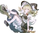  1girl apron asymmetrical_sidelocks back_bow bare_arms bare_legs black_hat black_shoes black_skirt black_vest blonde_hair bloomers bow broom broom_riding buttons closed_mouth colored_eyelashes commentary_request frilled_apron frilled_hat frills full_body hair_between_eyes hair_bow hat hat_bow highres kirisame_marisa koiliblikas light_blush light_particles long_hair looking_at_viewer mary_janes medium_skirt petticoat pointing pointing_up puffy_short_sleeves puffy_sleeves red_bow shirt shoes short_sleeves sidelocks simple_background sitting skirt skirt_set sleeve_bow smile socks solo touhou turtleneck turtleneck_shirt vest waist_apron white_apron white_background white_bloomers white_bow white_shirt white_socks witch_hat yellow_eyes 