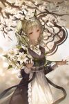  1girl animal_ear_fluff animal_ears apron arknights black_dress black_ribbon bow bowtie branch buttons cat_ears cat_girl chinese_commentary chromatic_aberration closed_mouth commentary_request cowboy_shot dress flower frilled_apron frills green_hair hair_ribbon highres holding holding_flower ichitata kal'tsit_(arknights) kal'tsit_(the_remains_of_time)_(arknights) light_particles looking_at_viewer maid medium_hair official_alternate_costume ribbon solo standing traditional_bowtie waist_apron white_apron white_bow white_bowtie white_flower yellow_eyes 