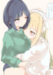  2girls absurdres anty_the blonde_hair blush cho_kaguya-hime! commentary_request green_eyes green_shirt hand_on_another's_head highres hug kaguya_(cho_kaguya-hime!) medium_hair mole mole_under_eye multiple_girls one_eye_closed purple_hair red_eyes sakayori_iroha shirt speech_bubble thought_bubble translated white_shirt yuri 