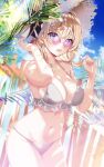  1girl absurdres arm_up bare_arms bare_shoulders bikini blonde_hair blue_eyes breasts cleavage commentary_request cowboy_shot frilled_bikini frills front-tie_bikini_top front-tie_top grey_bikini halterneck hand_up hands_up hat highres looking_at_viewer looking_over_eyewear medium_breasts medium_hair motsunuki navel open_mouth original outdoors pink-tinted_eyewear round_eyewear short_twintails skindentation solo standing stomach straw_hat string_bikini sun_hat sunglasses swimsuit tinted_eyewear twintails 