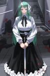  1girl 5boys absurdres arknights black_skirt blood blood_on_clothes blood_on_ground blood_on_wall blood_on_weapon blood_splatter bow broken broken_weapon closed_mouth collared_shirt commentary corpse death fingernails frilled_skirt frills gem green_hair hair_ribbon highres hoshiguma_(arknights) indoors jewelry light_particles long_hair long_skirt long_sleeves looking_at_viewer multiple_boys reinmhh ribbon ring severed_limb shirt skirt solo_focus stairs standing sword tile_floor tiles weapon white_bow white_ribbon white_shirt yellow_eyes 