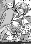  1girl :3 bird blush bruise bruise_on_arm bruise_on_face c: commentary_request flag frog frown glasses greyscale hair_ornament highres holding holding_microphone idol idol_rena injury looking_at_viewer microphone midriff monochrome moon navel rhythm_tengoku rhythm_tengoku_miracle_stars sasarai_sawa see-through_clothes see-through_sleeves shiratama_(rhythm_tengoku) shirt short_hair skirt smile space_dancers square_head umbrella 